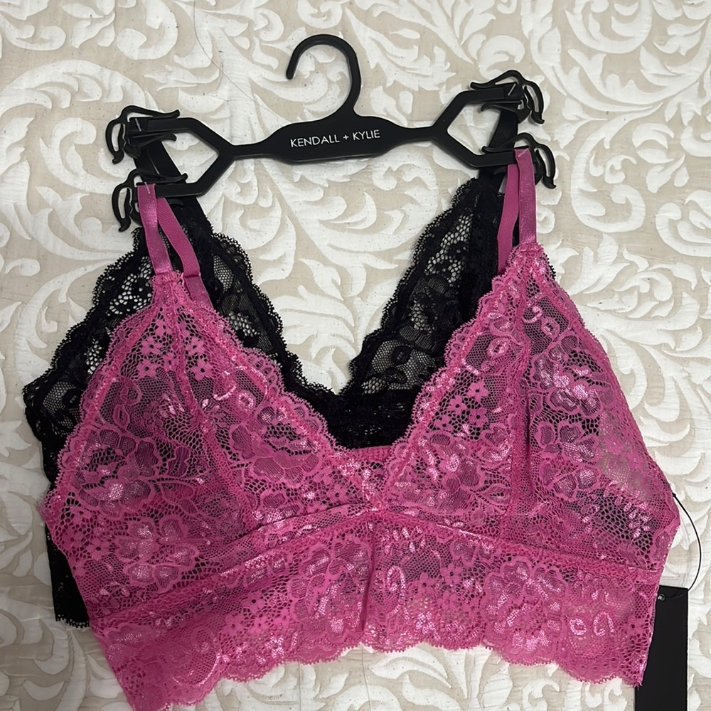 Kendall + Kylie sheer lace bralette pack of 2 pink and black.